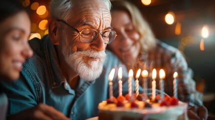 birthday celebration with a healthy, man senior citizen blowing out candles on a cake, surrounded by loved ones.
