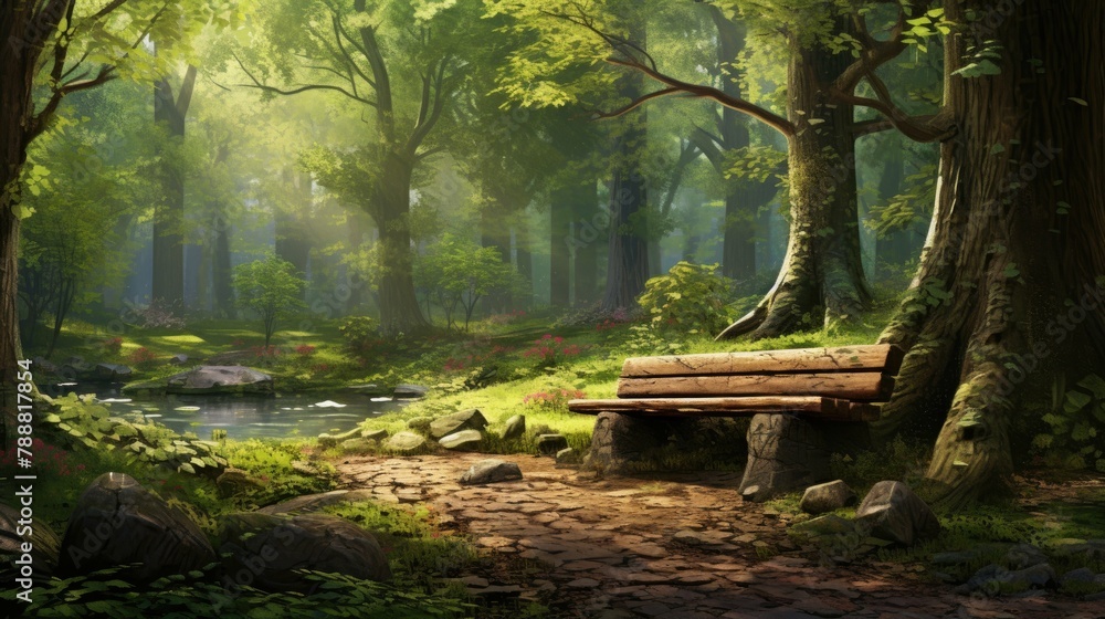 Poster a beautiful forest clearing with a bench. the sun shines through the trees and there is a pond in th