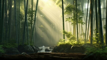 The morning sun shines through the bamboo forest. The bamboo is green and lush, and the sun creates a beautiful pattern on the ground.