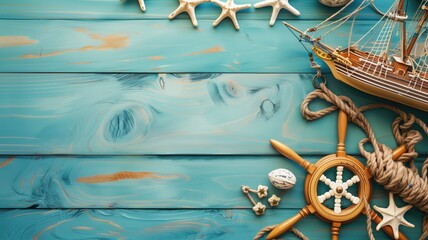 Nautical theme with decorative ship, wheel, and sea elements on blue wooden background