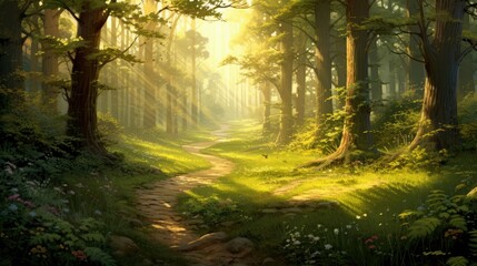 Obraz premium The sun shines through the trees in a beautiful forest. The path is overgrown with grass and flowers. The trees are tall and green.