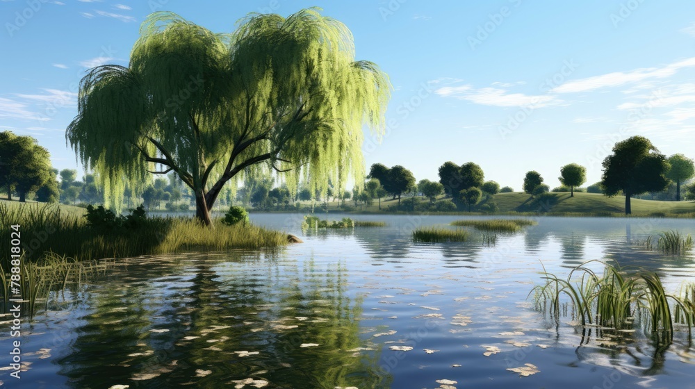 Poster the image is a beautiful landscape of a lake with a large weeping willow tree in the foreground.