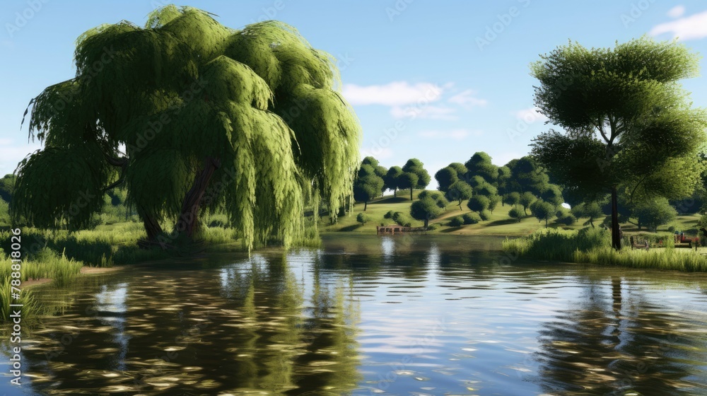 Poster the image is of a beautiful landscape with a large tree in the foreground and a lake in the backgrou