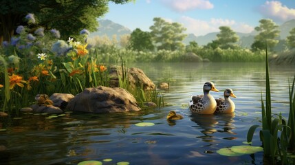 A family of ducks swims in a pond on a sunny day. The water is clear and you can see the reflection of the trees and the sky.