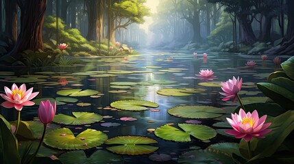 A beautiful pond in a forest. The water is clear and still, reflecting the trees and sky.