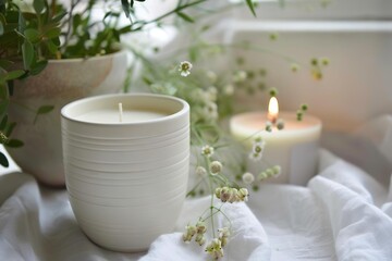 Obraz na płótnie Canvas minimalist white soy candle with natural fragrance loft interior closeup