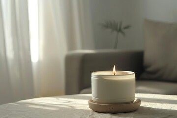 Obraz na płótnie Canvas minimalist white soy candle with natural fragrance loft interior closeup