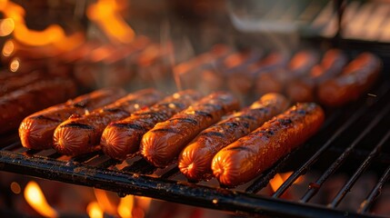 Sizzling hot dogs cooking on a lively grill at a nearby fair - obrazy, fototapety, plakaty
