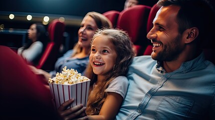 Obraz premium Family of three at the movies. They are watching a movie and eating popcorn. They are all smiling and enjoying the movie.