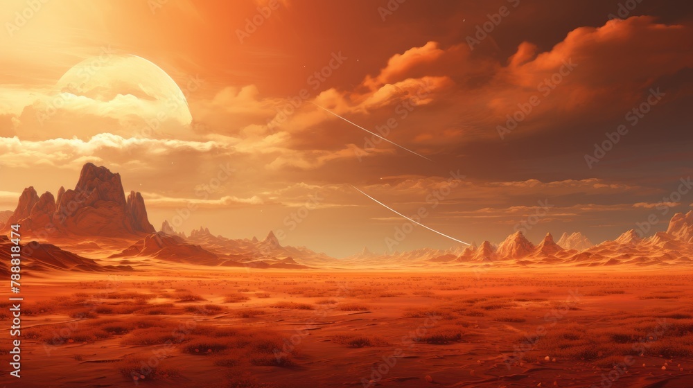 Poster a beautiful landscape of a red planet with a large moon in the sky. the ground is covered in red san