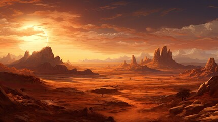 Naklejka premium A vast and arid desert landscape with towering rock formations and a blazing sun in the distance.