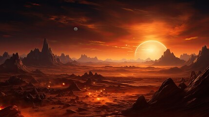 A beautiful landscape of a red planet with two moons. The scene is full of vibrant colors and interesting rock formations.