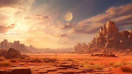 A beautiful landscape of a desert with a large moon in the sky.