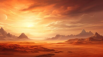 Naklejka premium An epic landscape of a desert planet with two suns in the sky. The foreground is a vast desert with mountains in the distance.