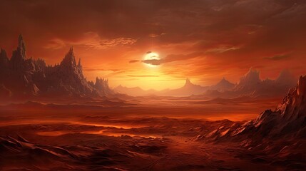 A vast and alien landscape with a red sun setting over a mountain range. The foreground is a desert with large rocks and boulders.