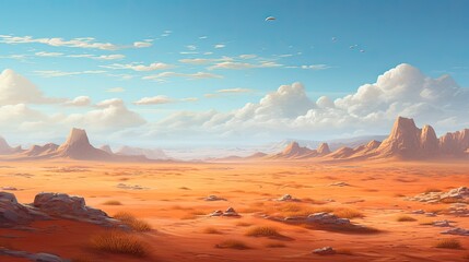 Fototapeta premium This is a beautiful landscape of a desert. The foreground is a vast expanse of sand, with a few rocks and shrubs dotting the landscape.