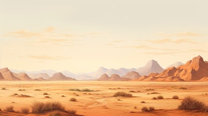 Fototapeta premium This is a beautiful landscape of a desert. The foreground is a vast expanse of sand, with a few hardy bushes dotting the landscape.