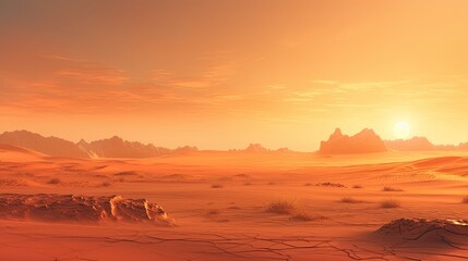 Naklejka premium A vast and desolate desert landscape with a large rock in the foreground. The ground is cracked and dry, and the sky is a deep orange.