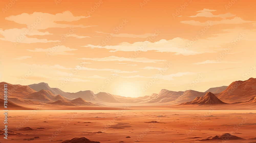 Poster a vast and desolate desert landscape with a mountain range in the distance. the sky is a gradient of