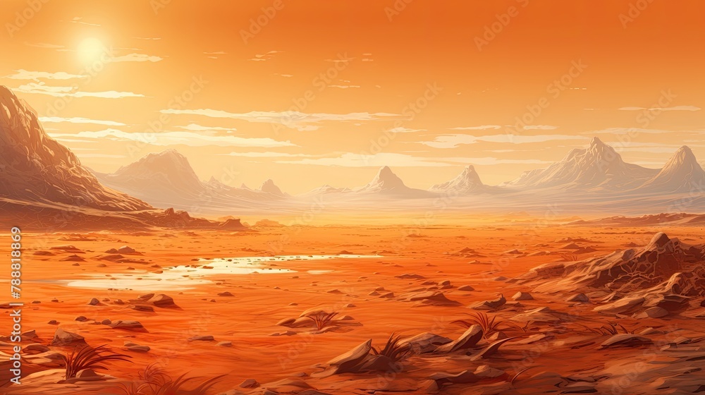 Poster a vast and desolate desert landscape with a towering mountain range in the distance.