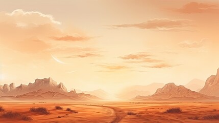 This is a beautiful landscape image of a desert at sunset. The warm colors and soft light create a peaceful and serene scene.