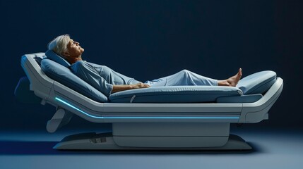 healthy elderly person sleeping on electric bed, function of the bed and the comfort of the person. dark background