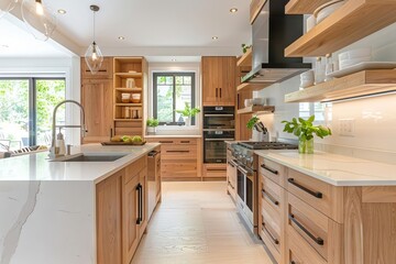 modern kitchen with oak cabinets and smart storage solutions contemporary interior design - obrazy, fototapety, plakaty