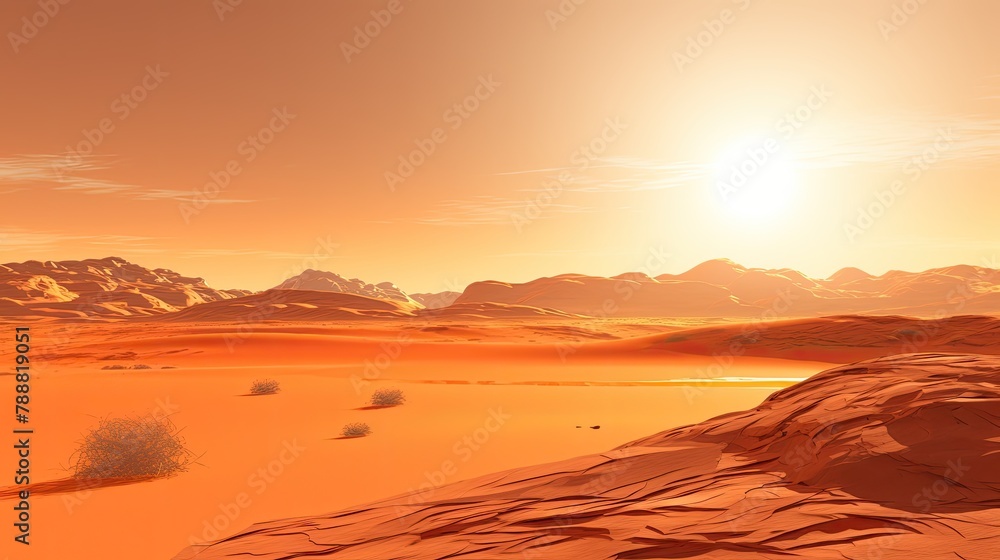 Poster a vast and desolate desert landscape with a large crater in the foreground. the crater is surrounded