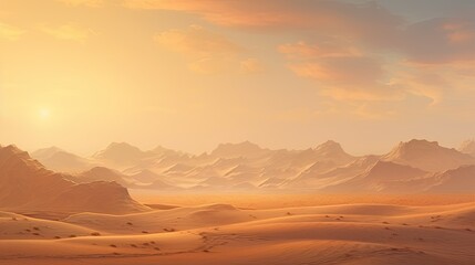 Naklejka premium This is a beautiful landscape of a desert with mountains in the background. The warm colors of the sand and sky create a peaceful and serene scene.