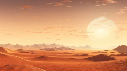 A vast desert landscape with a large moon in the sky. The desert is full of sand dunes and mountains.