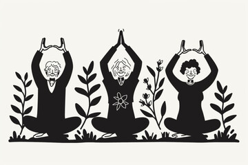 Fototapeta na wymiar Group of happy elderly people. Seniors do yoga or fitness outdoors vector icon, white background, black colour icon