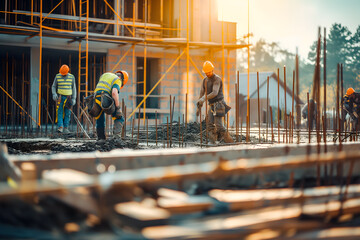 Team of the construction workers works on foundation of contemporary house.