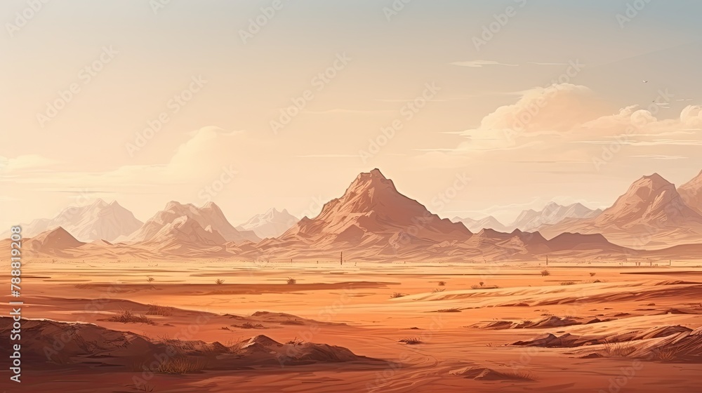 Poster this is a beautiful landscape of a desert with mountains in the background. the foreground is a vast