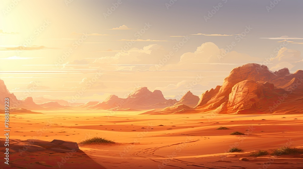 Poster this is a beautiful landscape of a desert with large red rocks and mountains in the background.