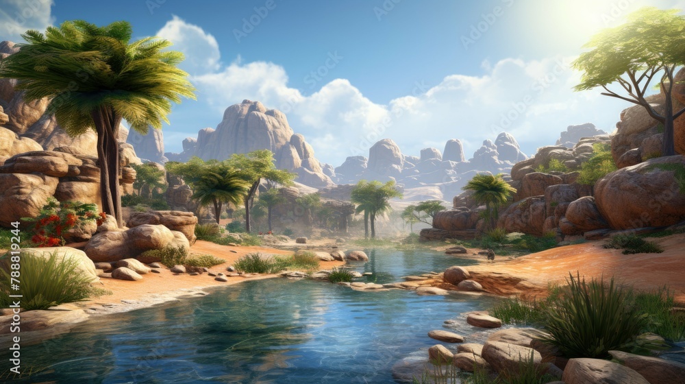 Poster an oasis in the middle of a desert with palm trees and a river running through it.