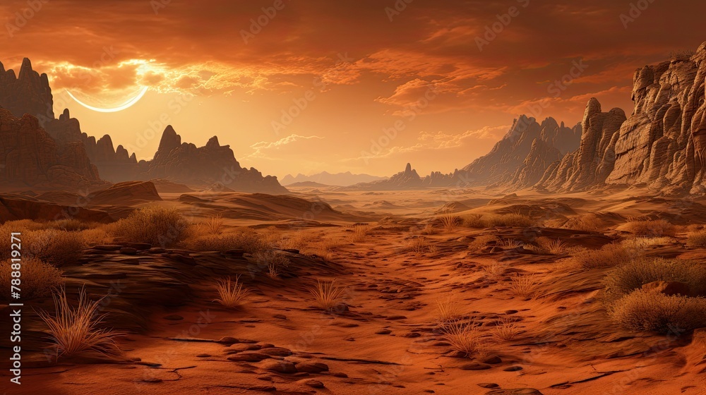 Poster a vast and desolate desert landscape with a setting sun. the ground is covered in red sand and there