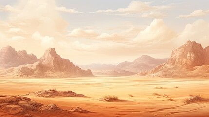Naklejka premium This is a beautiful landscape of a desert with large rock formations in the background and a sandy foreground with sparse vegetation.