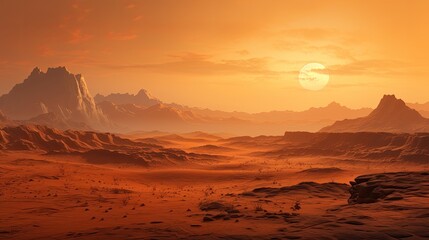 Naklejka premium A barren desert landscape with a large moon in the sky. The ground is covered in sand and rocks, with a few mountains in the distance.