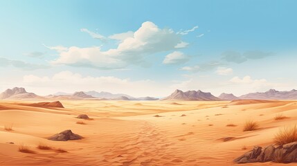Naklejka premium This is a beautiful landscape of a desert. The foreground is a vast expanse of sand, with a few rocks and shrubs dotting the landscape.