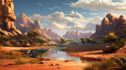 An amazing landscape with red rocks and blue water. The rocks are in the background and the water is in the front.