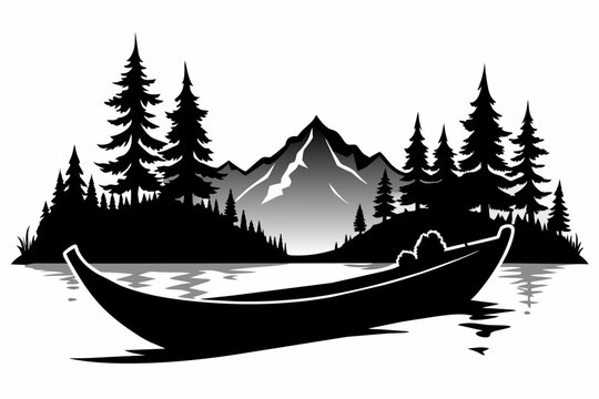 black and white boat on lake landscape clip art preview