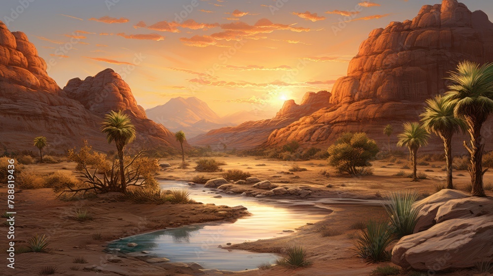Poster an oasis in the middle of the desert with a river running through it and palm trees on the side.