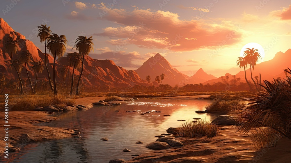 Poster an oasis in the middle of the desert with palm trees, mountains in the background and a river in the