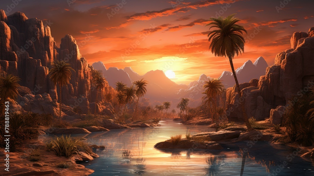 Poster a beautiful oasis in the middle of the desert. the oasis is surrounded by palm trees and has a river
