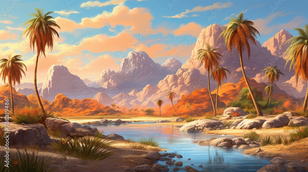 Poster an oasis in the middle of a desert with palm trees, mountains in the background and a river running 
