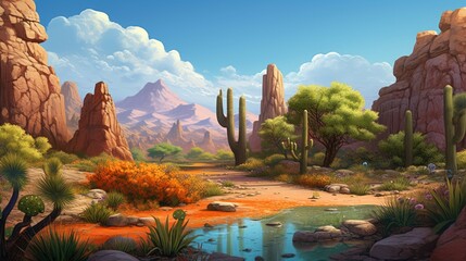 This is a beautiful landscape of a desert with a mountain in the background. There are cacti, bushes, and other plants in the foreground.