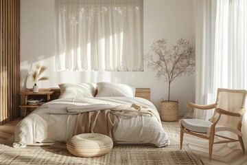 modern minimalist bedroom interior with neutral color palette cozy scandinavian style