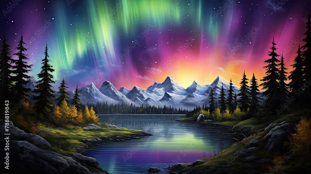 Poster the sky is ablaze with color as the aurora borealis dances overhead.
