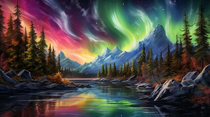 Fototapeta premium The aurora borealis, also known as the northern lights, is a natural phenomenon that creates a beautiful light display that can be seen in various col