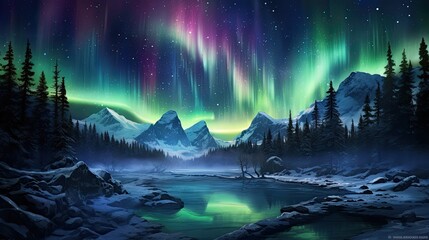 A beautiful winter landscape with a starry sky and colorful aurora borealis.